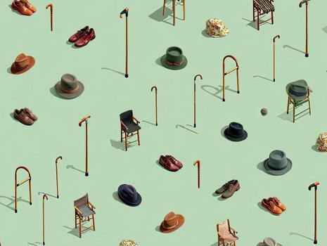An isometric pattern of walking aids, footwear, and hats on a light green background photo