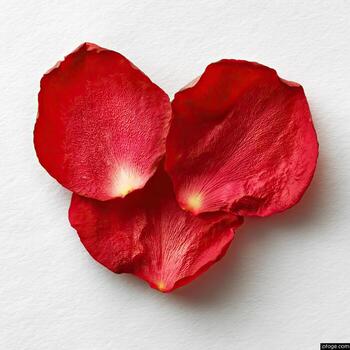 Three vibrant red rose petals arranged in a heart shape against a white, textured backdrop photo