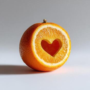 A close-up of a halved orange with a heart-shaped cut-out, lit against a white background photo