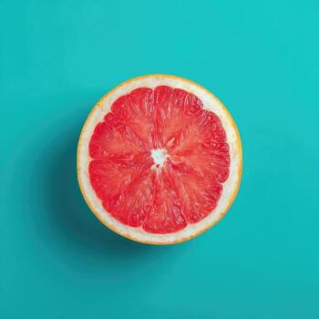 Top-down view of a halved, ripe citrus fruit with pink flesh on a teal background photo