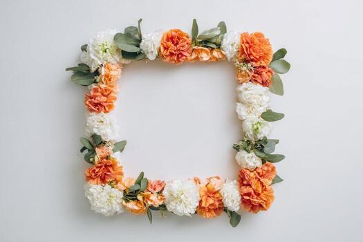 A square floral arrangement of orange and white flowers and green leaves on a white surface photo