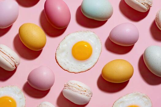 Pastel colored eggs and macarons arranged with fried eggs on a pink background photo