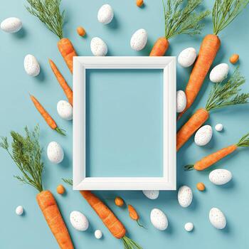 Pastel blue backdrop with carrots, speckled eggs, and a blank picture frame, top-down view photo