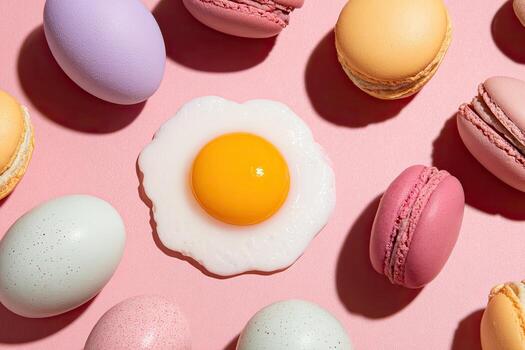 Pastel composition egg surrounded by colorful macarons and eggs on a vibrant pink surface photo