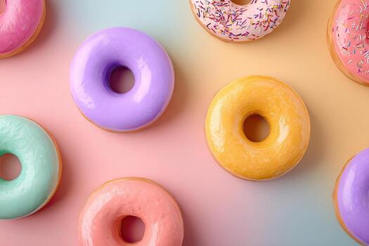 Overhead shot of colorful frosted donuts on a gradient background in pink, yellow, and blue photo
