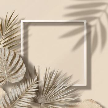 Beige square frame with palm leaves, stone accents, and leaf shadows photo