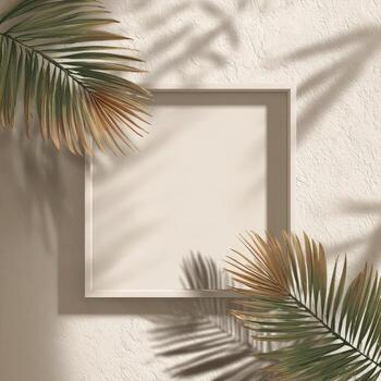A square picture frame, flanked by palm leaves with shadows on textured wall, warm hues photo