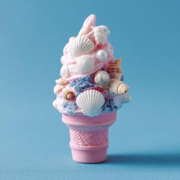Pink cone-shaped sculpture resembling soft-serve ice cream decorated with shells and pearls photo
