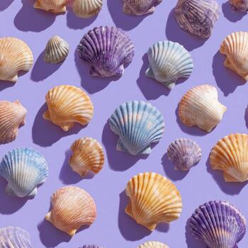 Colorful seashells scattered on a vibrant purple background, creating a textured pattern photo