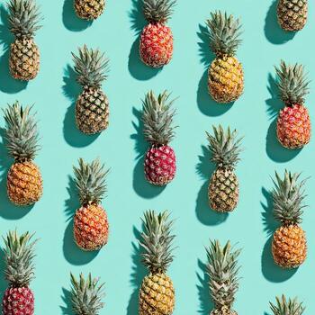 Overhead grid of ripe pineapples with varying colors cast shadows on a teal backdrop photo
