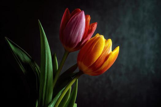 Two colorful tulips with long green stems and leaves, set against a dark textured background photo