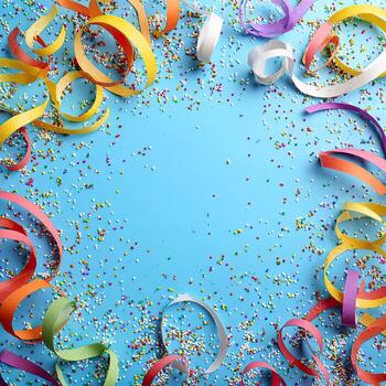 Colorful streamers and confetti surround empty blue space, creating festive, party-like scene photo