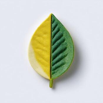 Split-colored leaf with smooth yellow half and textured green half, on a white surface photo