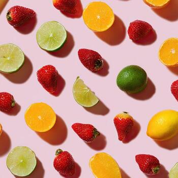 Overhead view of scattered strawberries, oranges, limes on pink background photo