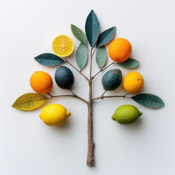 A whimsical tree made of branches, leaves, and colorful citrus fruits on a white background photo