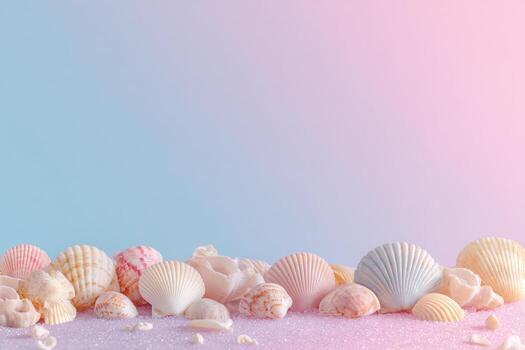 Shells of varied shapes and colors are arranged on a pink-tinged surface against a blue gradient photo