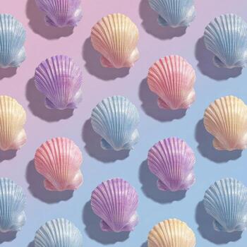 Array of pastel-colored seashell sculptures with long shadows on a gradient background photo
