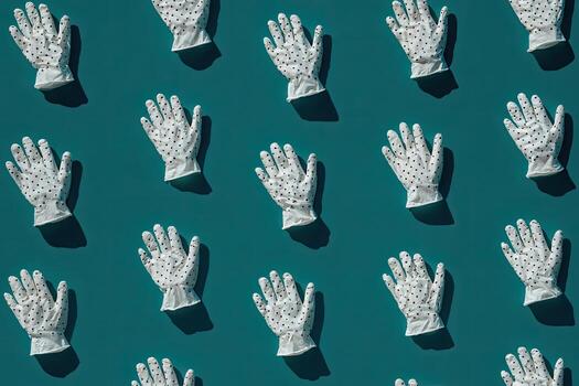 Repeating pattern of white, polka-dotted gloves against a teal-colored background photo