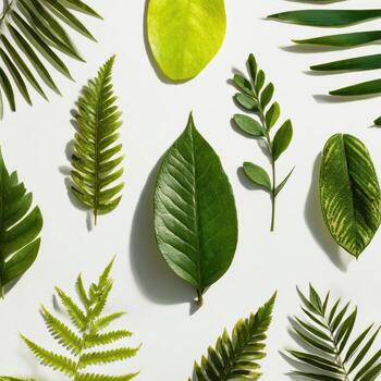 Assorted fresh, green leaves of various shapes and sizes, arranged on a white background photo