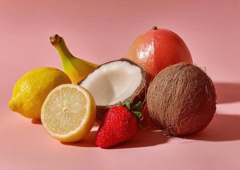 Vivid close-up of assorted tropical fruits on a rosy backdrop, showcasing freshness photo