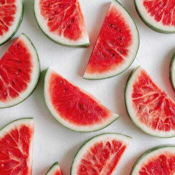 Overhead shot of fresh watermelon slices, red flesh visible, scattered on a white surface photo