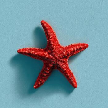 Vibrant red starfish with textured surface casts a shadow against a light blue backdrop photo