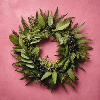 Lush green foliage and berries create a circular wreath on a pink, textured background photo