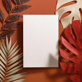 Flat lay mockup Blank paper surrounded by vibrant leaves on a rich orange background photo