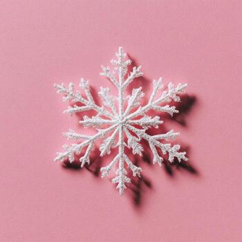 A close-up of a white, sparkly, artificial snowflake casting a shadow on a light pink background photo