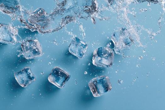 Ice cubes cascading with water splash against a light-blue background, creating a refreshing visual photo