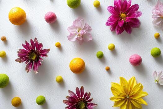 Scattered flowers and colorful spheres create a vibrant, textured pattern on a bright white surface photo