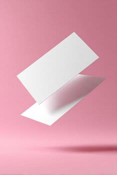 Two blank white rectangular cards floating in mid-air against a light pink background photo