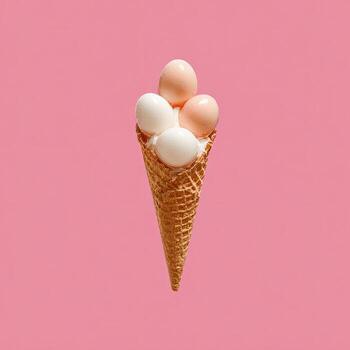 An ice cream cone with eggs for scoops against a pink background photo