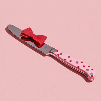 A butter knife with a pink handle and red polka dots, plus a red bow on a pink background photo
