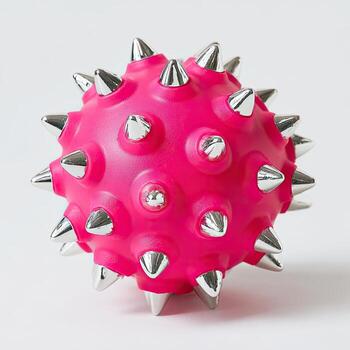 A vibrant pink sphere adorned with silver, cone-shaped spikes, set against a white backdrop photo