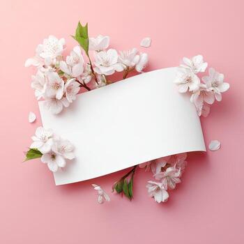 Soft pink background with delicate blossoms and a blank white rectangle photo