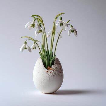 Delicate white snowdrop flowers bloom from a cracked eggshell vase against a soft gray backdrop photo
