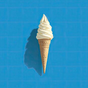 Soft-serve ice cream cone with a long shadow on a blue grid backdrop photo