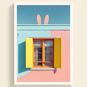 A colorful building with open yellow shutters, bunny ears peaking, set against a sky photo