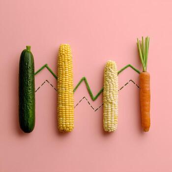 Corn, carrot and cucumber on a pink background photo