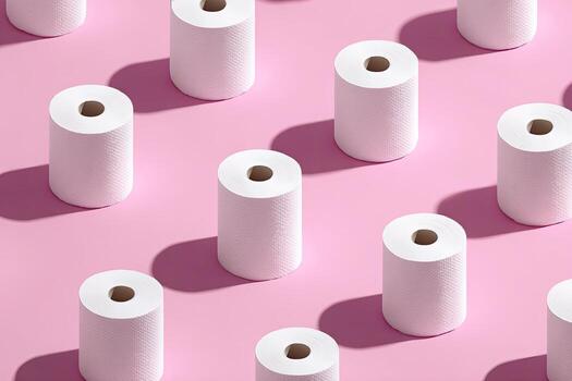 Pattern of white paper towel rolls casting shadows on a pastel pink background photo