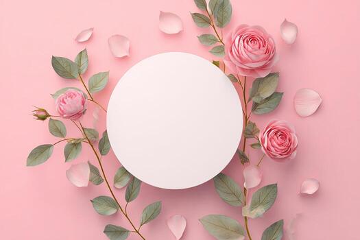 Pink roses and white round frame on pink background photo
