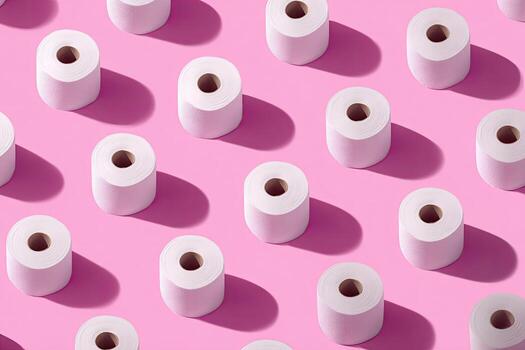 Uniform pattern of white paper rolls casting shadows on a bright pink surface photo