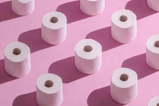 Overhead view of evenly spaced, cylindrical, white paper rolls casting shadows on pink background photo