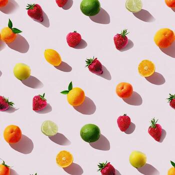 Pattern of various fruits on a pink backdrop, casting shadows photo