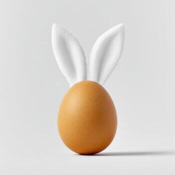 A brown egg sits with white bunny ears, simple background photo