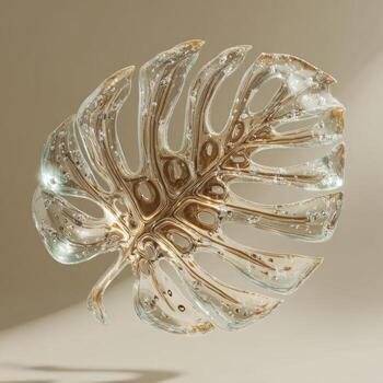 A transparent golden monstera leaf floats against a neutral backdrop, lit with soft highlights photo