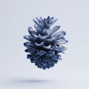 Blue-toned close-up shot of a stylized pine cone, floating against a light, smooth backdrop photo