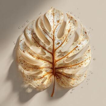 A cream-colored, textured leaf with brown veins and holes, on a beige surface, with droplets photo