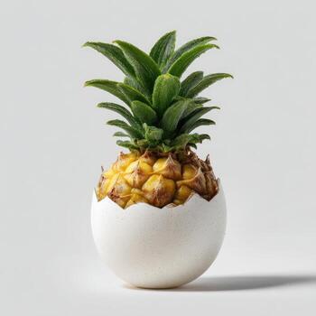 A mini pineapple sprouting from a cracked white eggshell, isolated on a light background photo